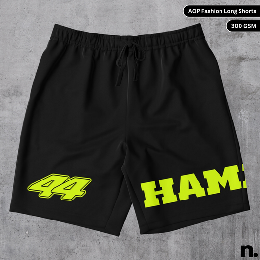 Flat lay mockup of Hamilton F1 inspired long shorts featuring race-themed graphics and adjustable waistband
