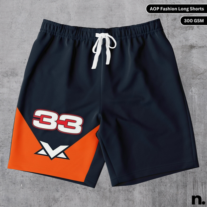 A flat lay of men's long shorts with an all-over print design inspired by F1 driver Max Verstappen, showcasing the drawstring closure and pockets.
