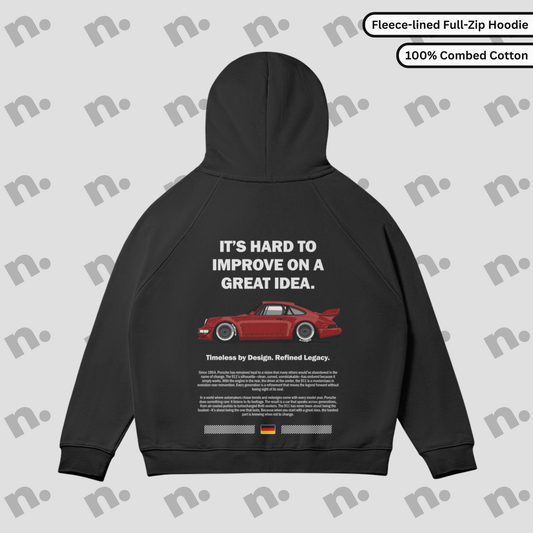 Full-zip fleece hoodie inspired by the Porsche 911 legacy, combining comfort and performance heritage in a sleek automotive-inspired design.