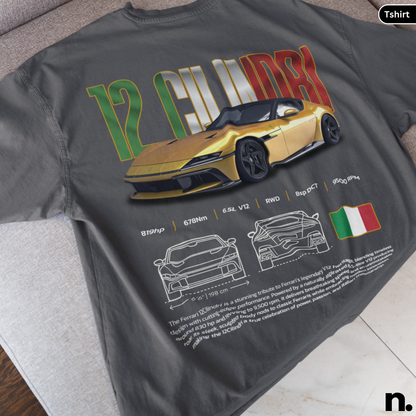 Gray t-shirt with Ferrari 12 California design on a surface