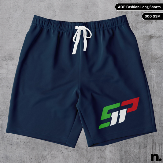 Flat lay mockup of Sergio Pérez F1 inspired long shorts featuring bold racing livery design and drawstring closure