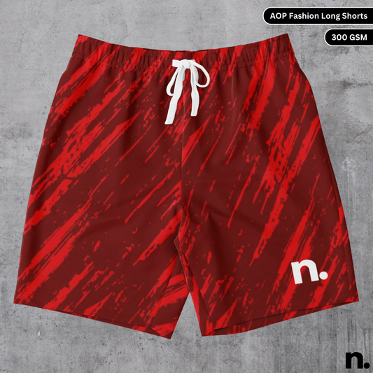 A flat lay of red men's shorts with a basic pattern and a brand logo, showcasing the drawstring closure and pockets.