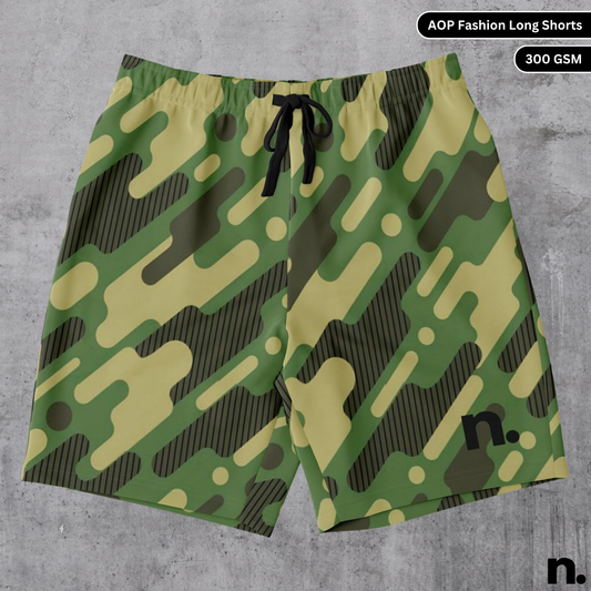 A flat lay of men's long shorts with a unique geometric style camouflage print and a brand logo, showcasing the drawstring closure and pockets.