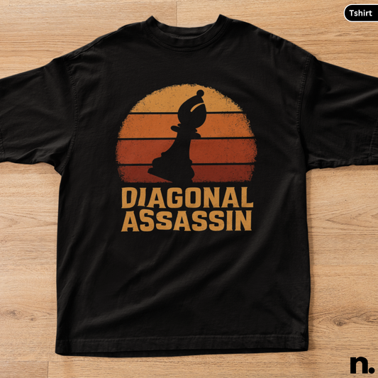 Black t-shirt with 'Diagonal Assassin' design on a wooden surface