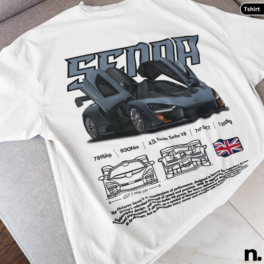 White t-shirt with a McLaren Senna graphic and technical details on a white background