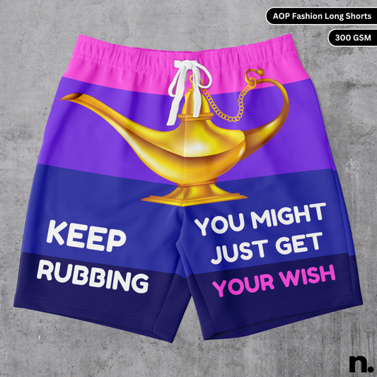Keep Rubbing You Might Just Get Your Wish funny genie lamp design long shorts – all-over print summer streetwear