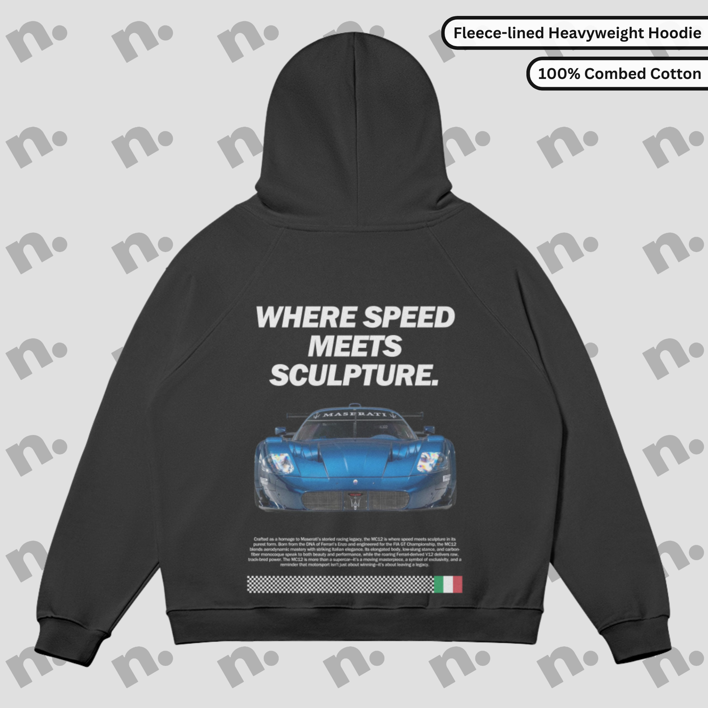 Flat lay of heavyweight fleece-lined hoodie in grayscale tones with a minimalist automotive-inspired design, featuring an oversized fit and kangaroo pocket.

