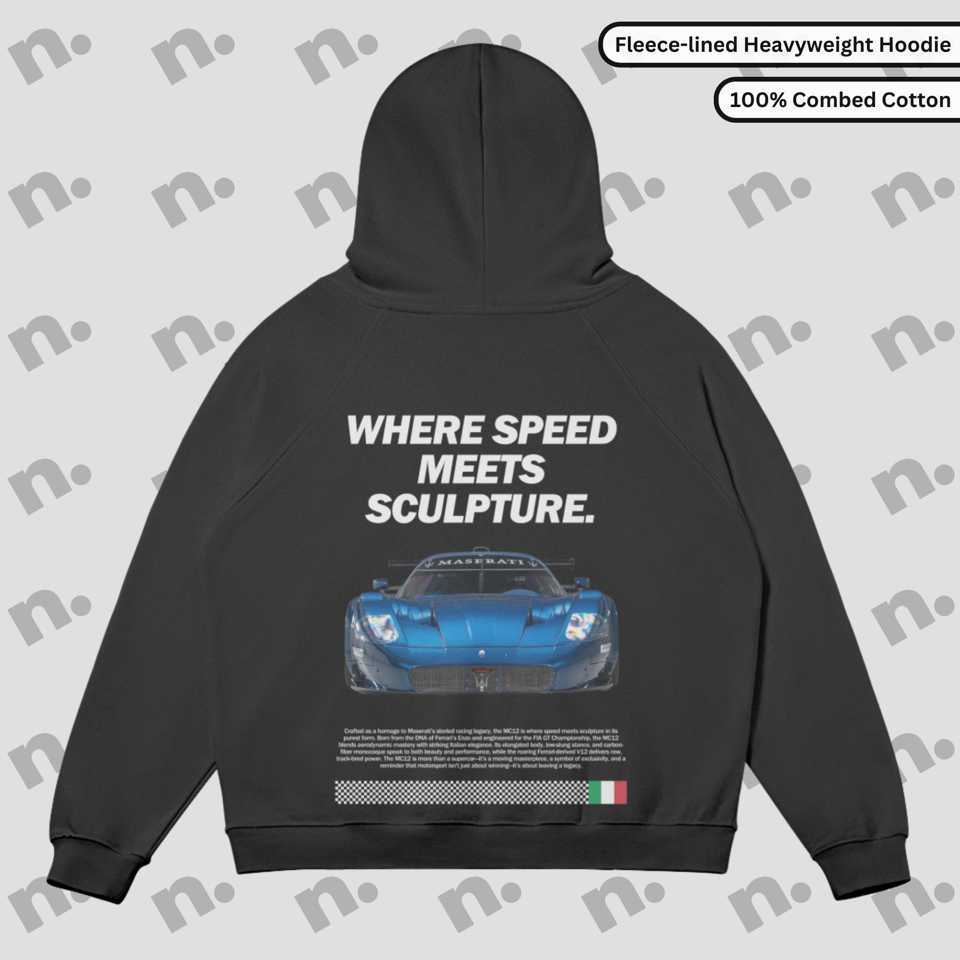 Flat lay of heavyweight fleece-lined hoodie in grayscale tones with a minimalist automotive-inspired design, featuring an oversized fit and kangaroo pocket.

