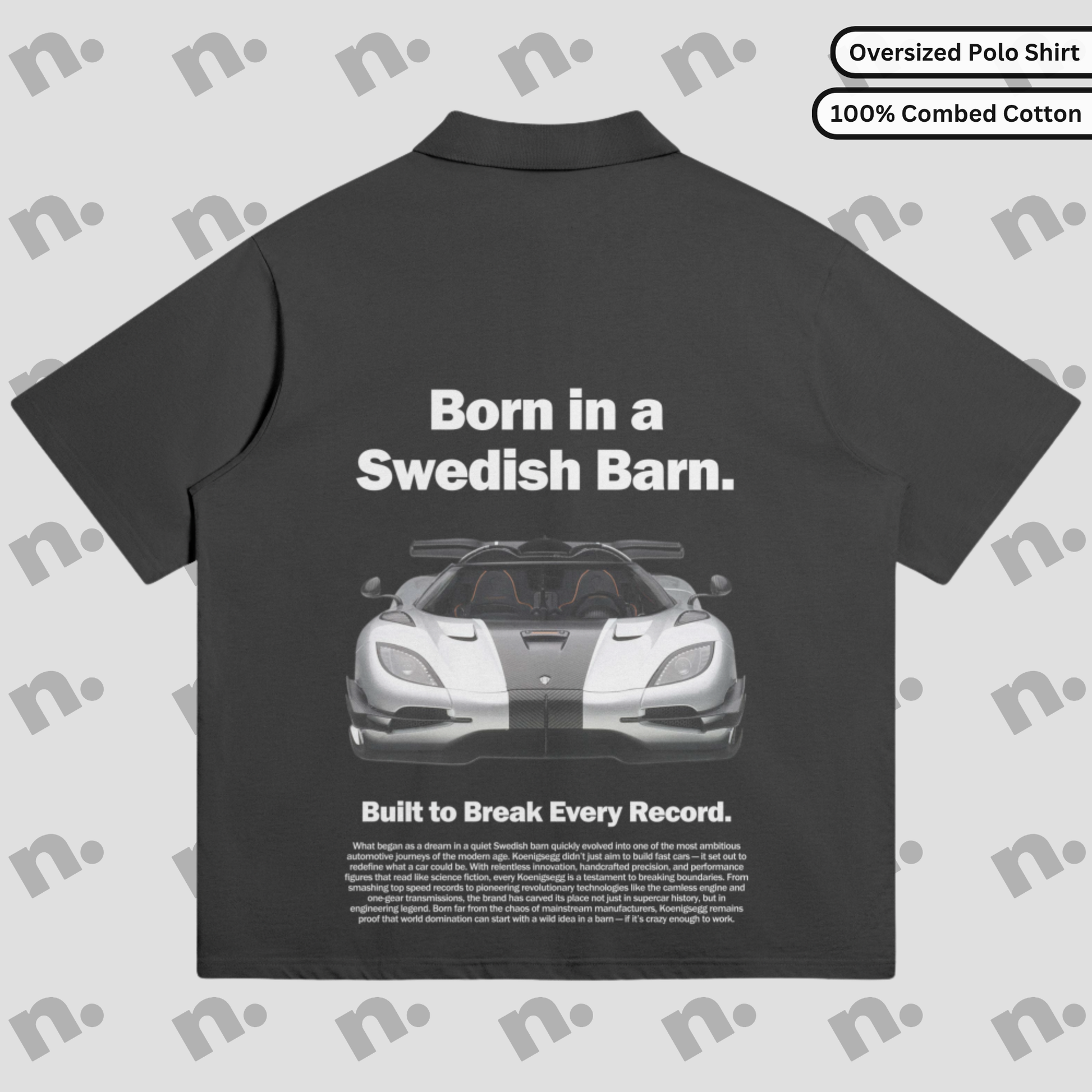 Oversized premium polo shirt inspired by the Koenigsegg One poster style — minimalist, bold, and built for car culture