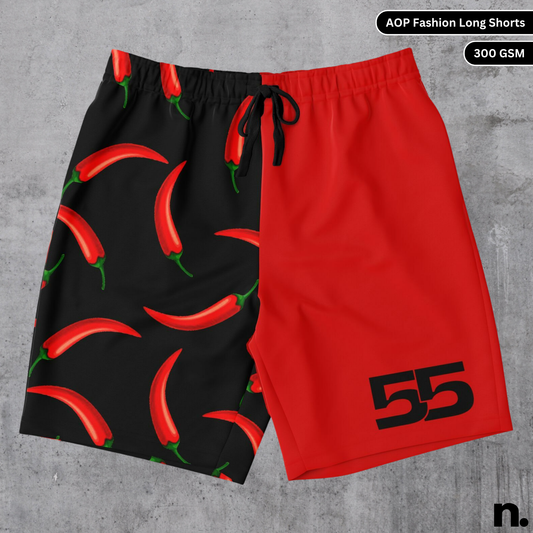 Flat lay mockup of Carlos Sainz F1 inspired long shorts featuring bold red and racing livery accents