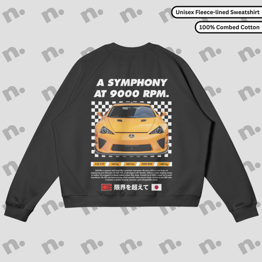 Fleece-lined heavyweight sweatshirt  featuring the iconic “Symphony at 9000 RPM” LFA theme — a cozy nod to V10 greatness
