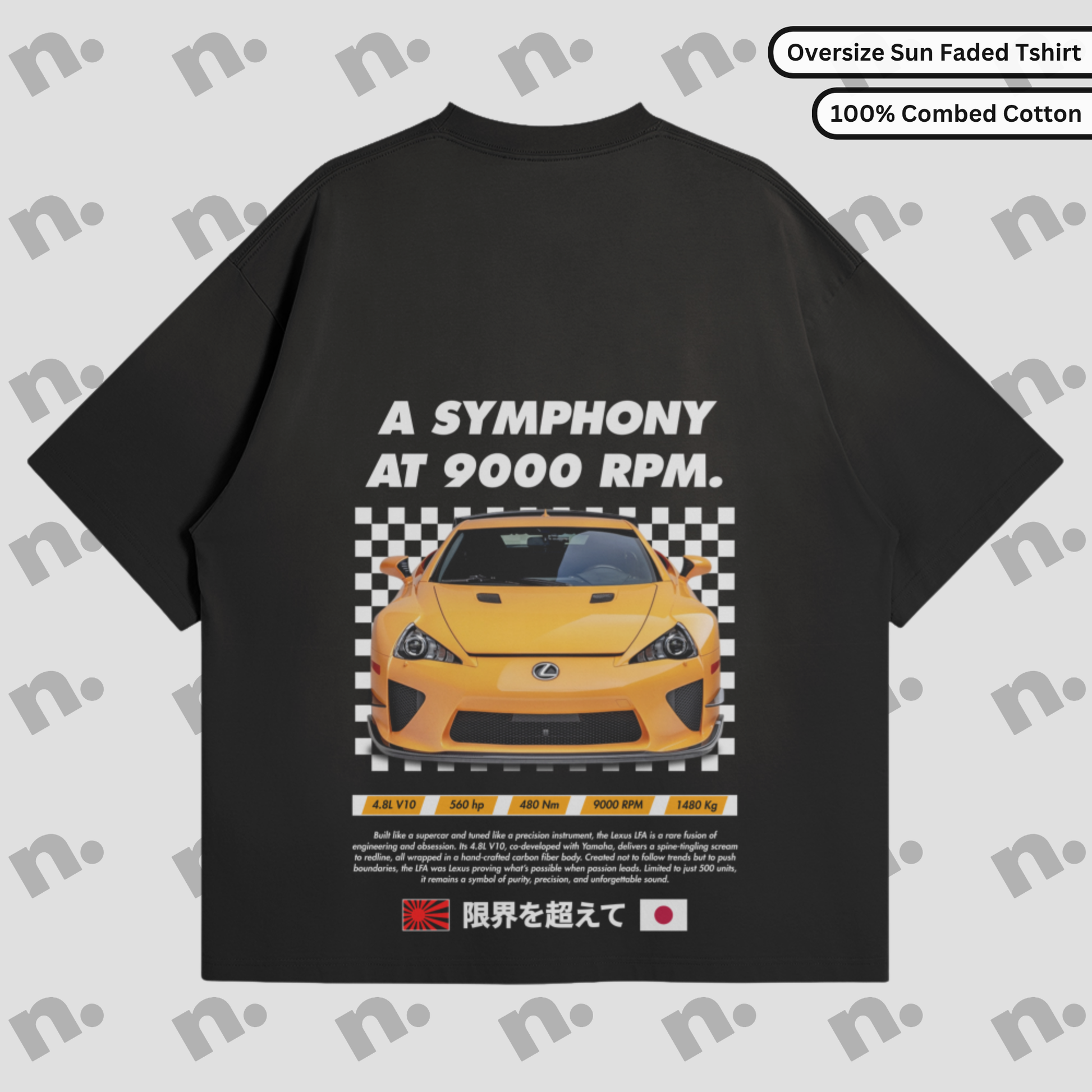 Premium sun-faded tee with “Symphony at 9000 RPM” design, inspired by the Lexus LFA’s iconic V10 soundtrack
