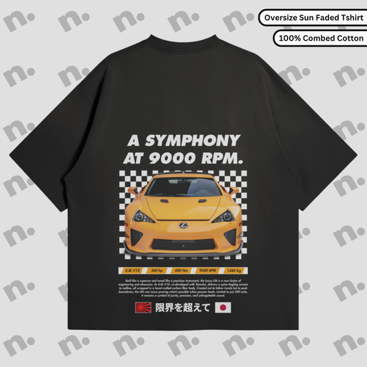 Premium sun-faded tee with “Symphony at 9000 RPM” design, inspired by the Lexus LFA’s iconic V10 soundtrack