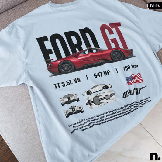 White t-shirt with red Ford GT graphic and specifications on a light background