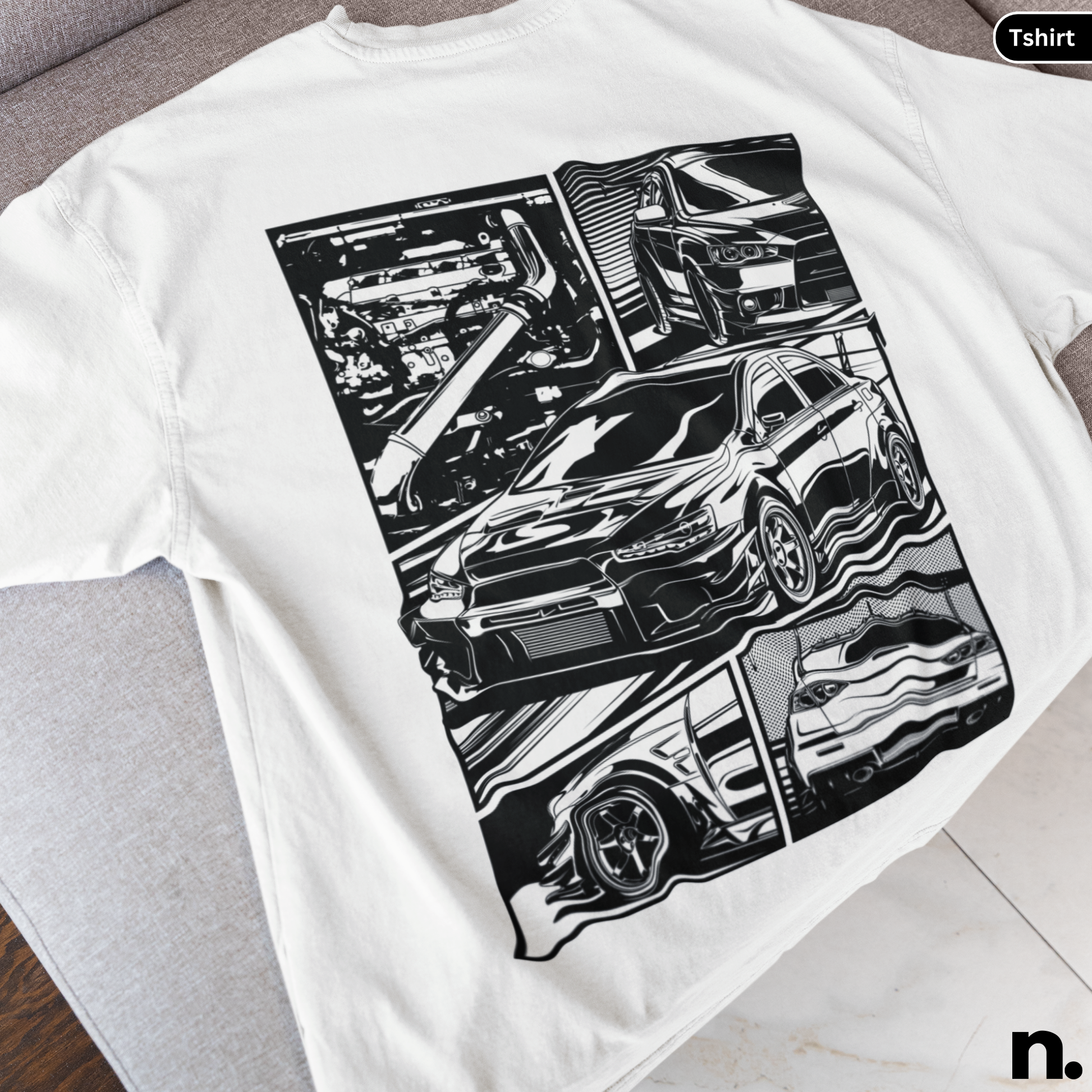 White t-shirt with black car graphic design on a white background