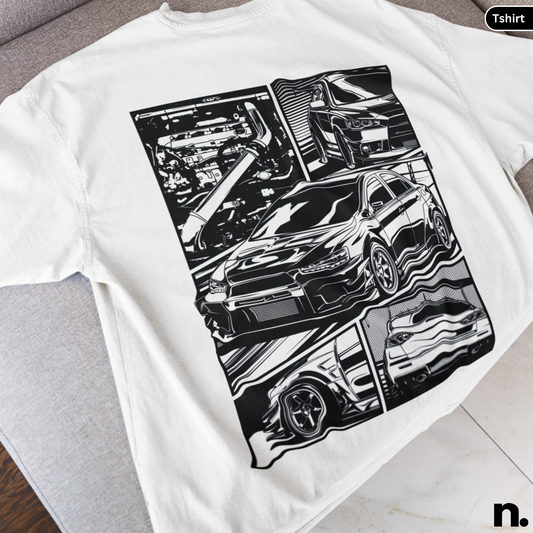 White t-shirt with black car graphic design on a white background