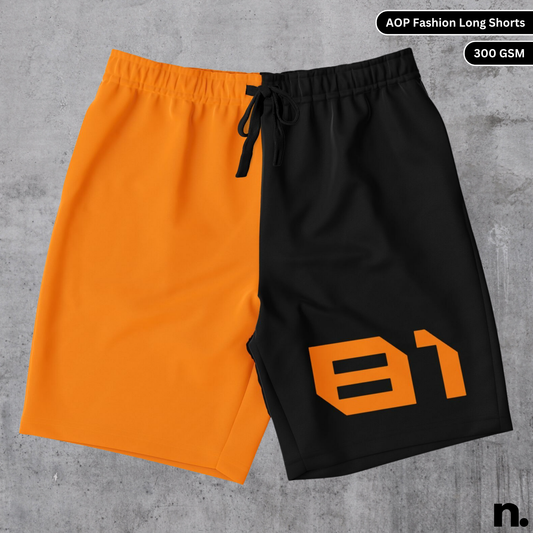 Flat lay of Oscar Piastri-inspired fashion long shorts with McLaren-style orange and blue racing graphics on a clean background