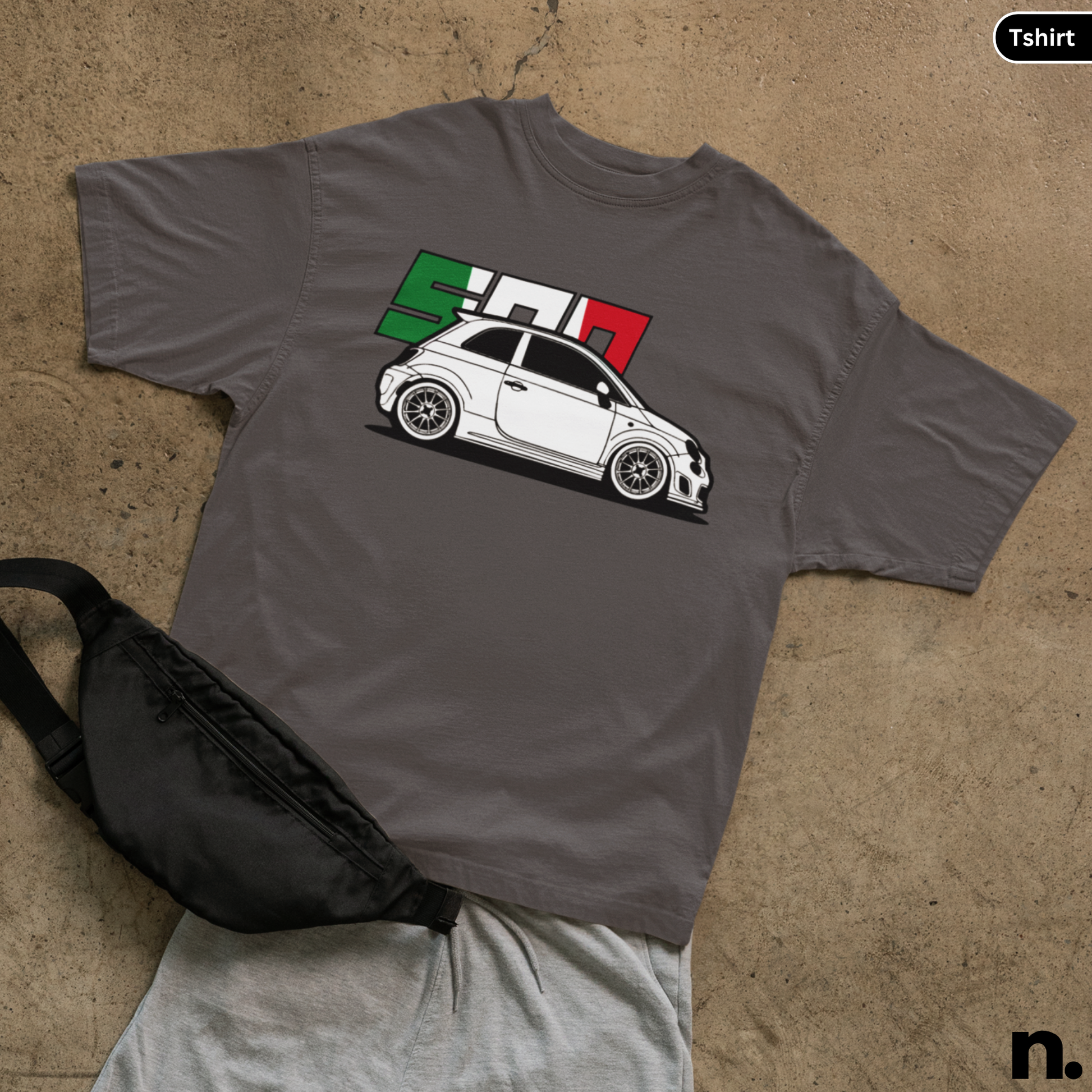 flat lay mockup of fiat 500 illustration tee in charcoal