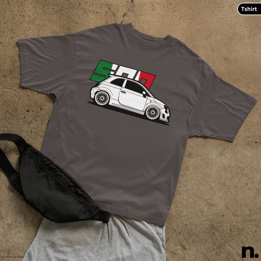 flat lay mockup of fiat 500 illustration tee in charcoal