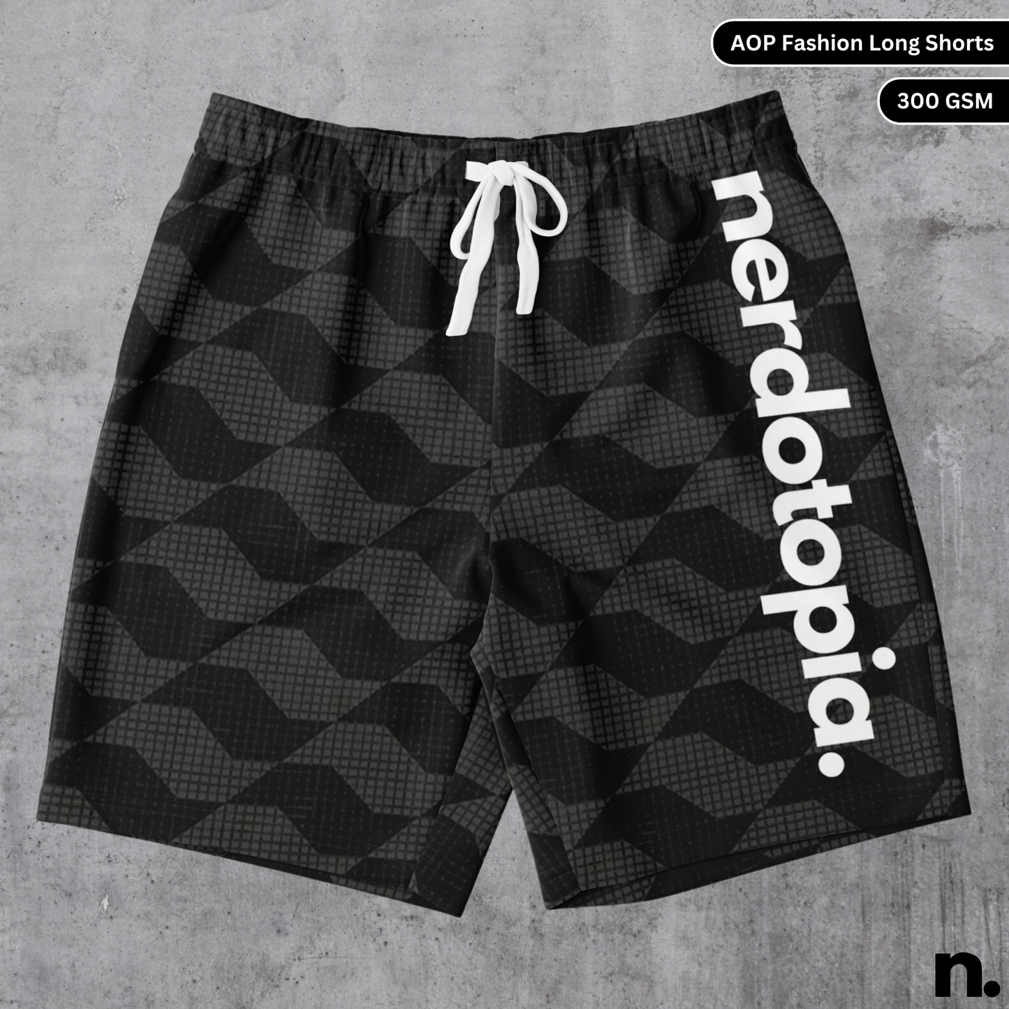 A flat lay of men's shorts with a minimalistic black and gray pattern and a brand name on the side, showcasing the drawstring closure and pockets.