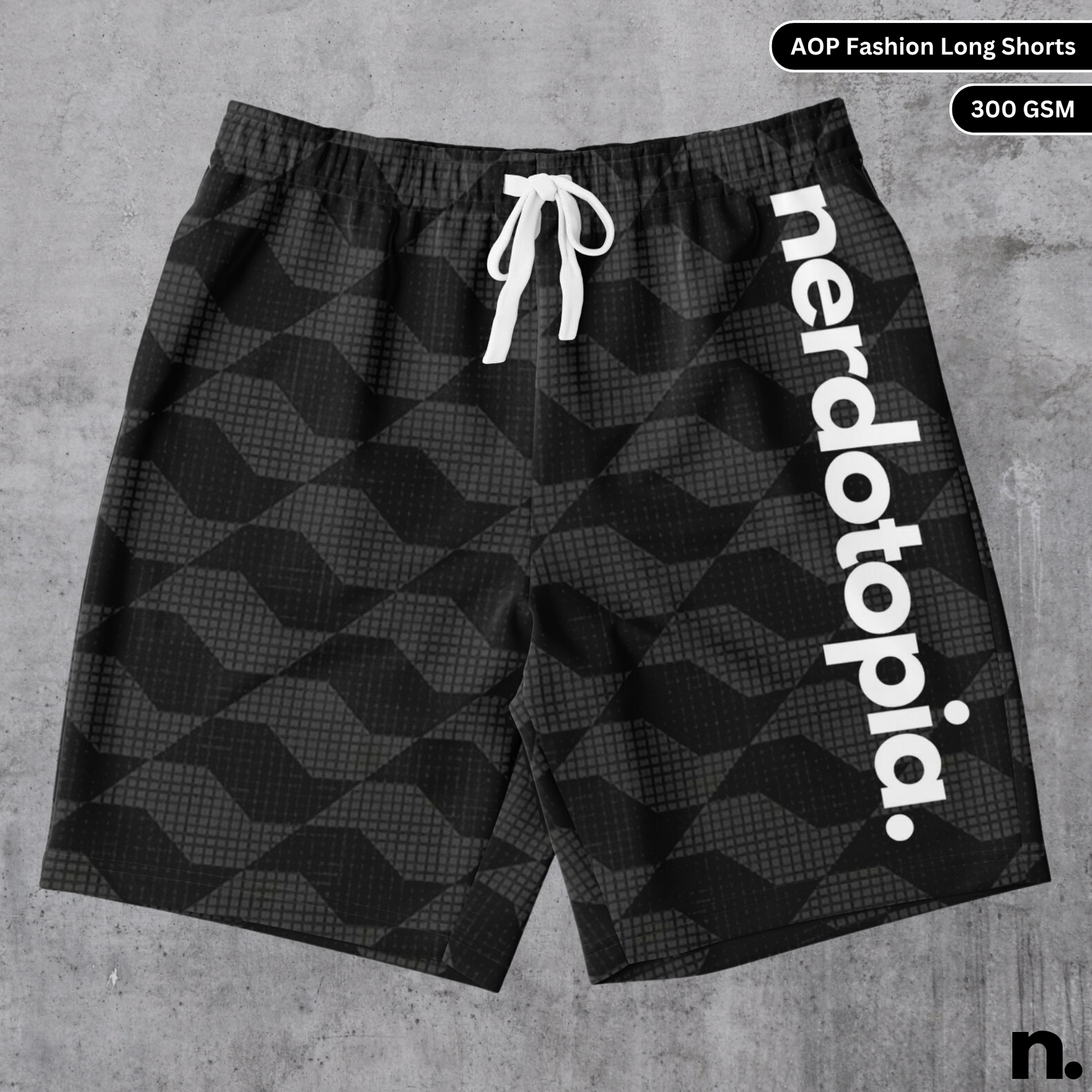 A flat lay of men's shorts with a minimalistic black and gray pattern and a brand name on the side, showcasing the drawstring closure and pockets.