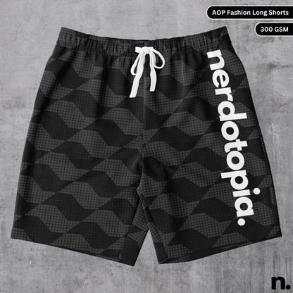 A flat lay of men's shorts with a minimalistic black and gray pattern and a brand name on the side, showcasing the drawstring closure and pockets.