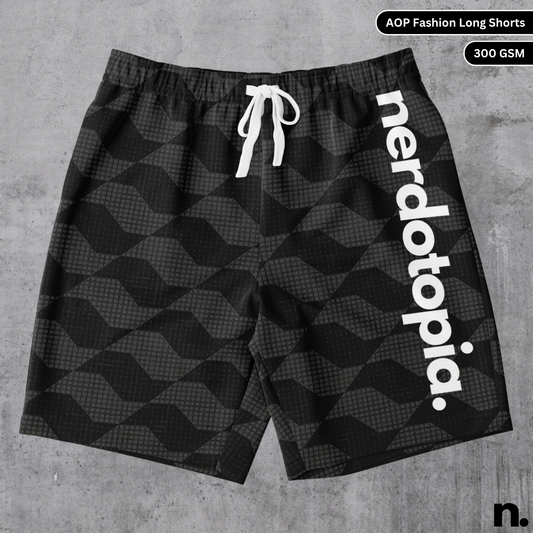 A flat lay of men's shorts with a minimalistic black and gray pattern and a brand name on the side, showcasing the drawstring closure and pockets.