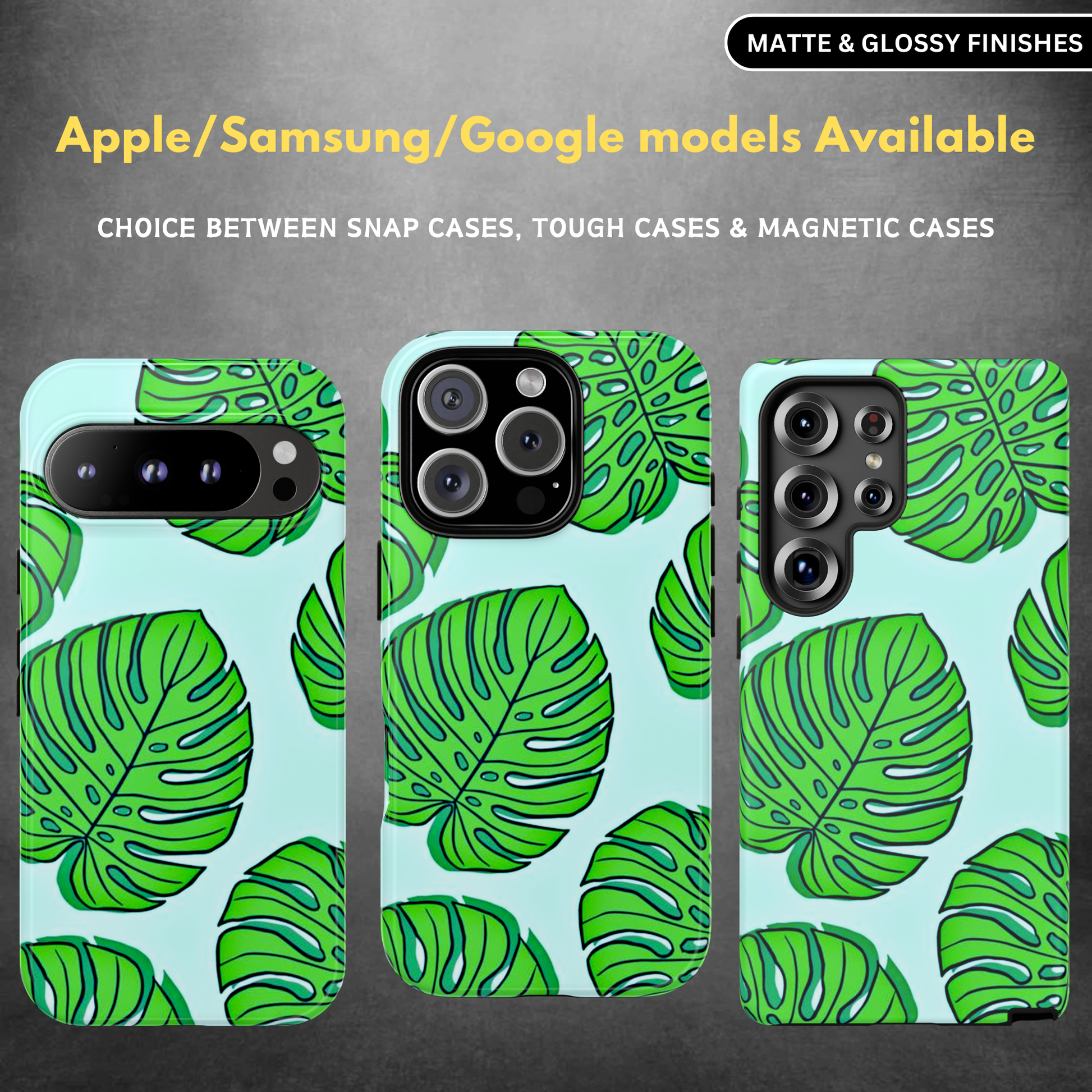 A phone case with a green leaves pattern, displayed in both matte and glossy finishes, compatible with various phone models.