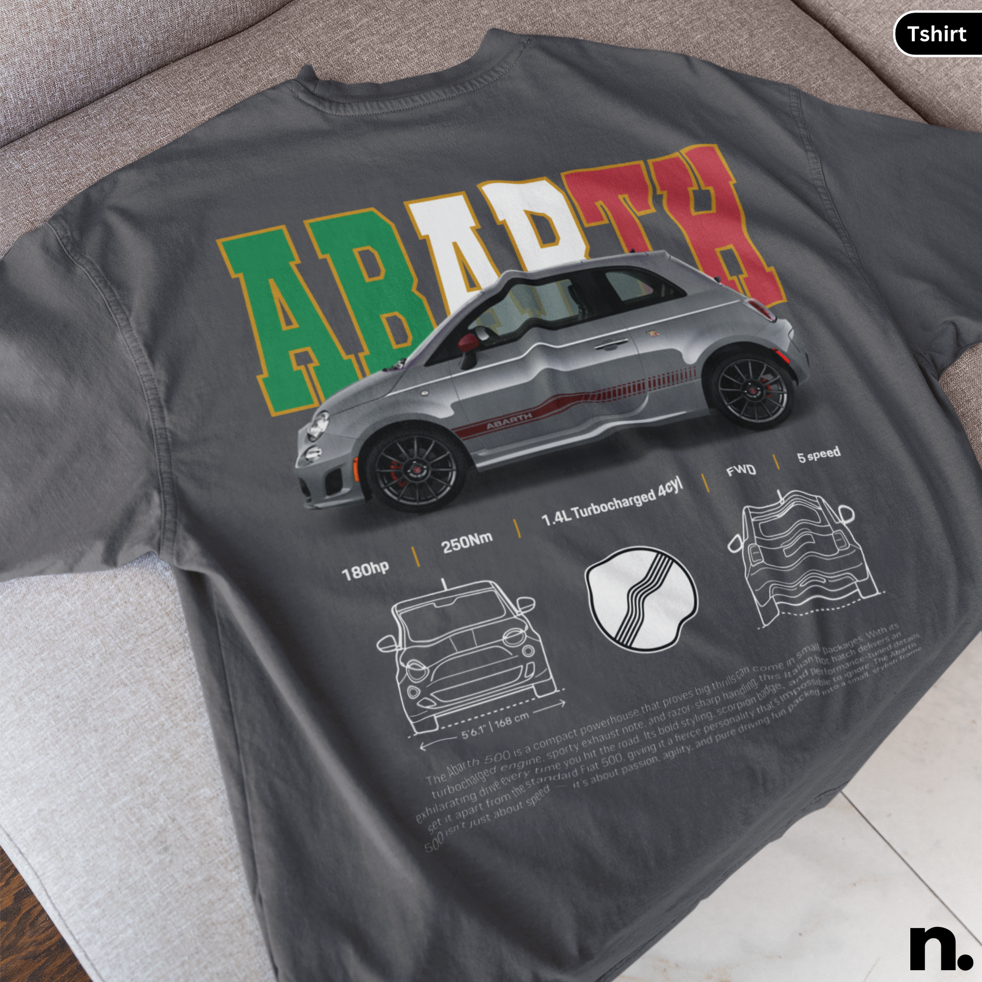 Gray t-shirt with car design and text on a gray surface Abarth 500 Poster Style T-shirt