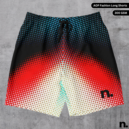 A flat lay of men's shorts featuring a vibrant all-over colour diffusion pattern with the brand logo subtly placed on the side, showcasing the drawstring closure and pockets.