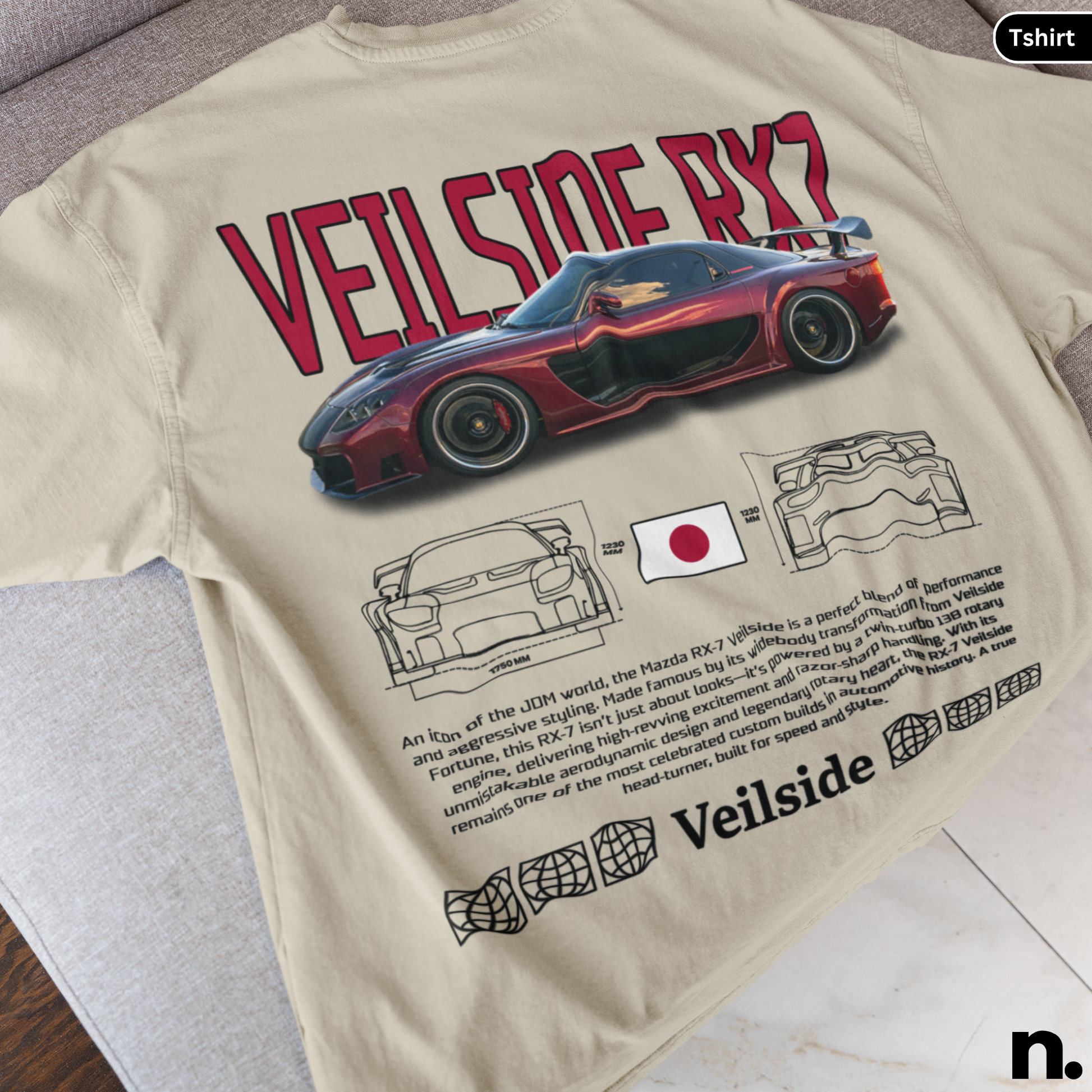 flat lay mockup of veilside rx7 tshirt in sand color.