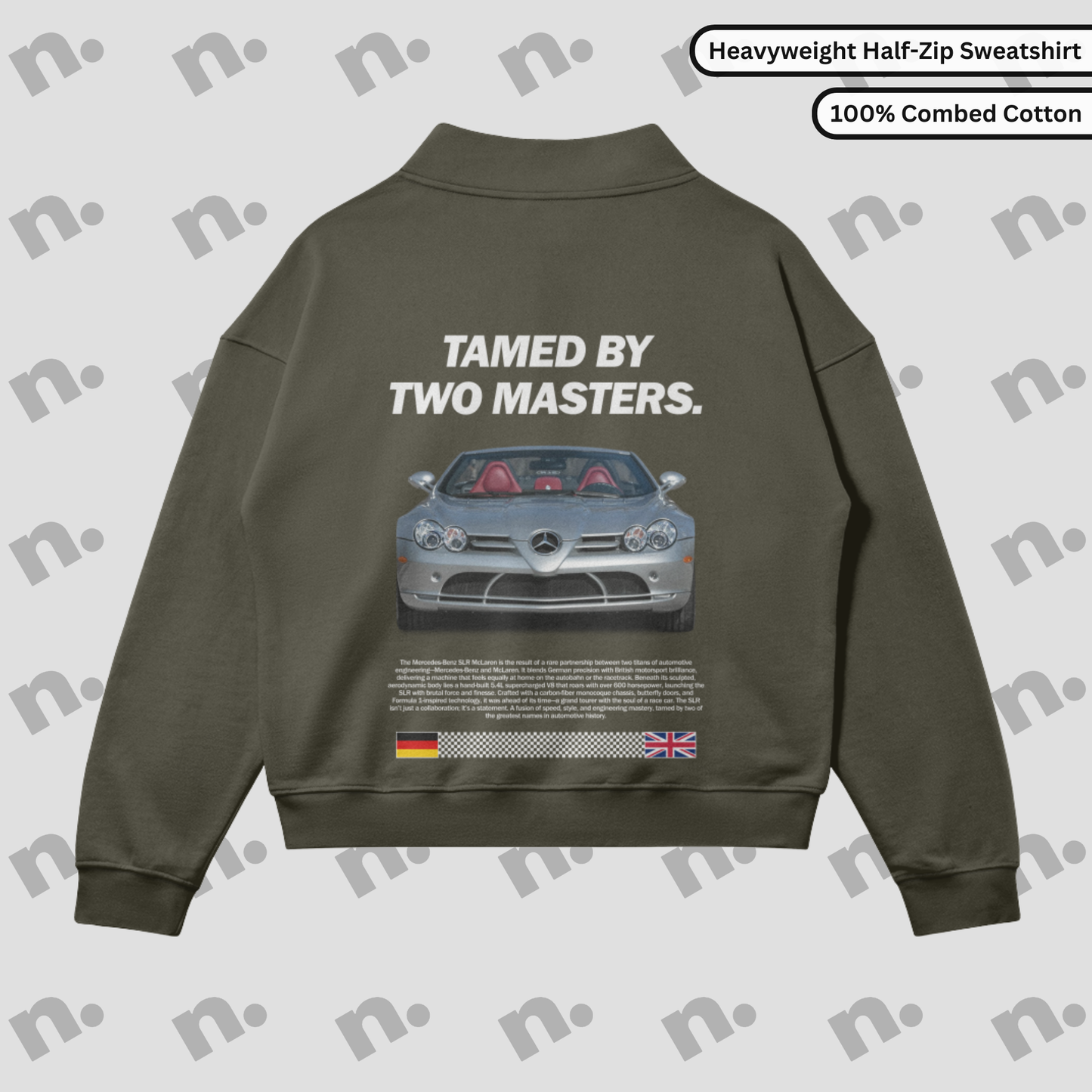 Flat lay of half-zip fleece-lined sweatshirt with bold automotive-inspired “TAMED BY TWO MASTERS.” graphic, drop shoulders, and stand collar in an oversized fit.

