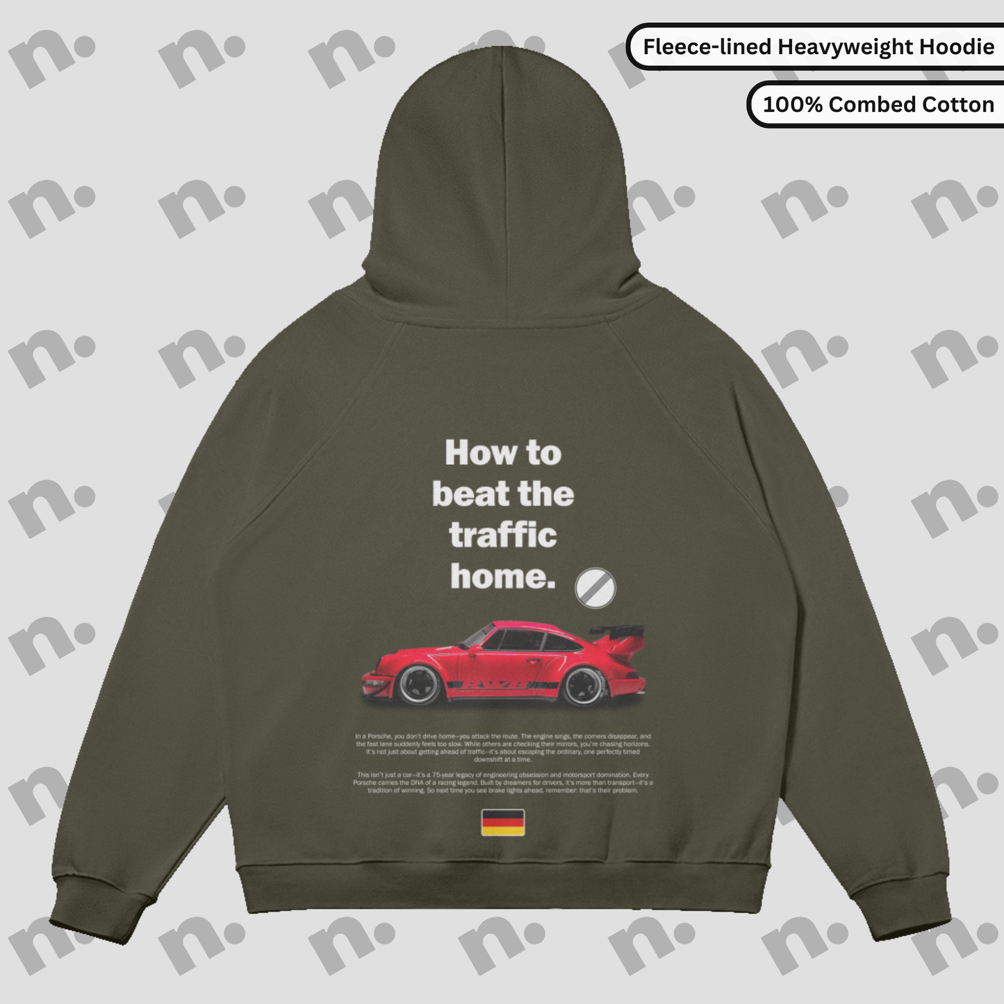 Flat lay of the 911 RWB Autobahn Sun Faded Hoodie with an RWB Porsche graphic and 'How to Beat the Traffic Home' slogan.