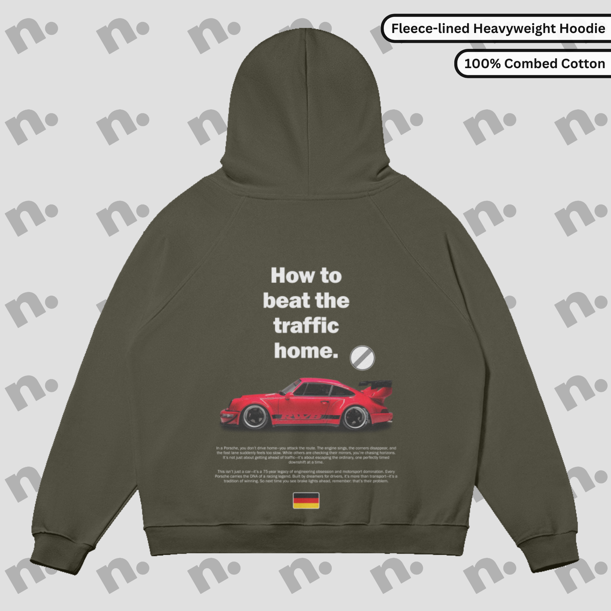 Flat lay of the 911 RWB Autobahn Sun Faded Hoodie with an RWB Porsche graphic and 'How to Beat the Traffic Home' slogan.
