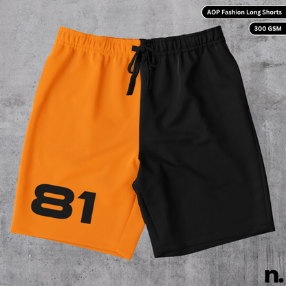 Flat lay mockup of Oscar Piastri inspired long shorts with vibrant racing colors and streetwear style