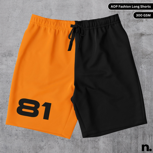 Flat lay mockup of Oscar Piastri inspired long shorts with vibrant racing colors and streetwear style
