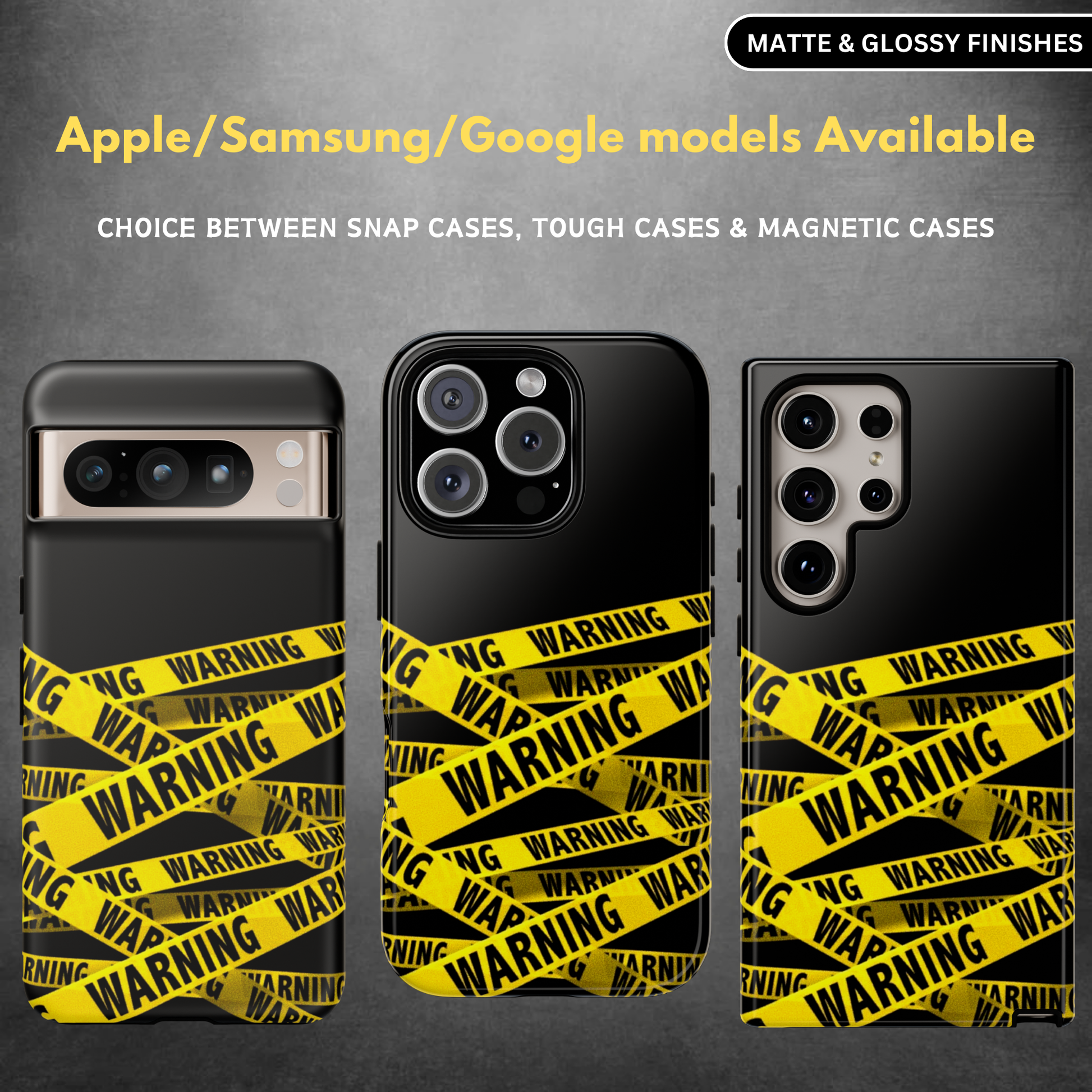 A collection of phone cases with a warning tape closure design, available for Apple and Samsung models. The cases are black with a yellow and black striped tape pattern.