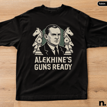 Black t-shirt with a graphic of a man and chess pieces on a wooden surface