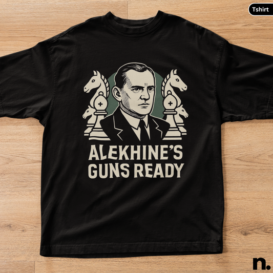 Black t-shirt with a graphic of a man and chess pieces on a wooden surface