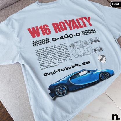 White t-shirt with blue car graphic and 'W16 Royalty' text on a light background