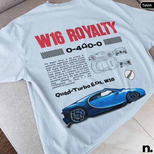 White t-shirt with blue car graphic and 'W16 Royalty' text on a light background