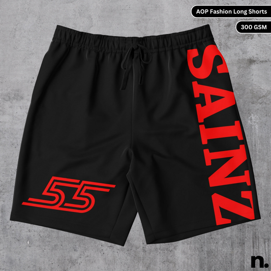 Flat lay of Carlos Sainz inspired F1 fashion long shorts with racing-themed design, front view on a clean background