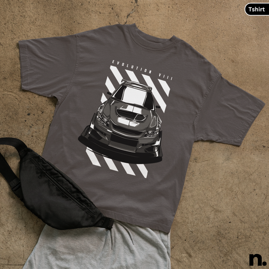 flat lay mockup of Evo VIII illustration tee in charcoal