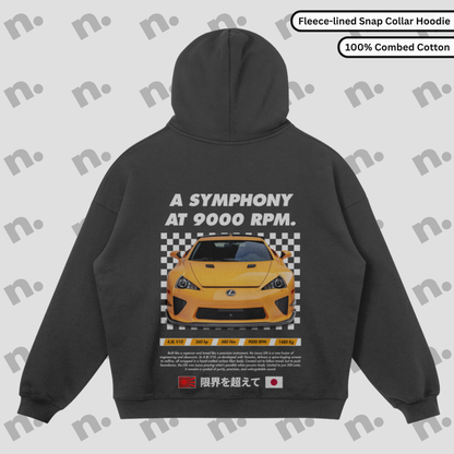 Fleece-lined snap collar hoodie featuring the iconic “Symphony at 9000 RPM” LFA theme — a cozy nod to V10 greatness