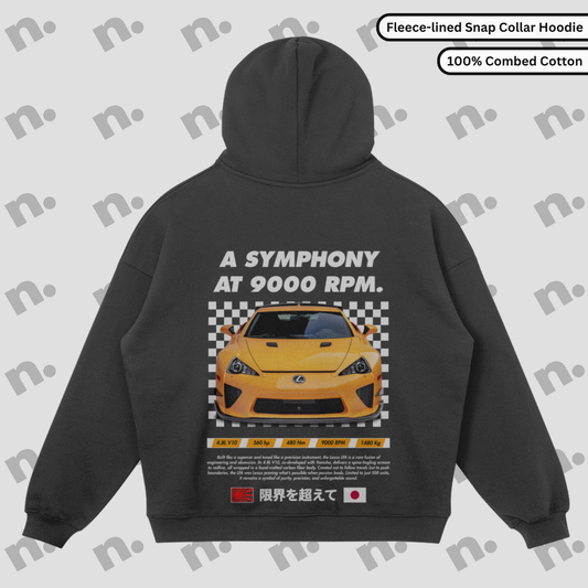 Fleece-lined snap collar hoodie featuring the iconic “Symphony at 9000 RPM” LFA theme — a cozy nod to V10 greatness
