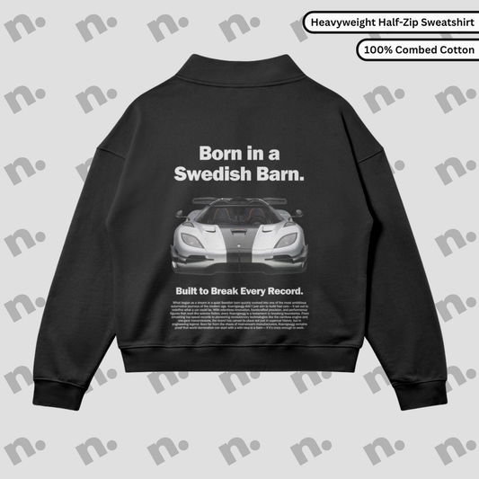 Half-zip stand collar sweatshirt inspired by the Koenigsegg One’s bold poster visuals — premium fleece-lined construction