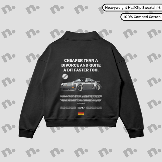 Flat lay of a half-zip stand collar sweatshirt featuring a Porsche 964 Turbo inspired graphic with a playful "Divorce" theme, paired with automotive-themed accessories on a clean, neutral background.