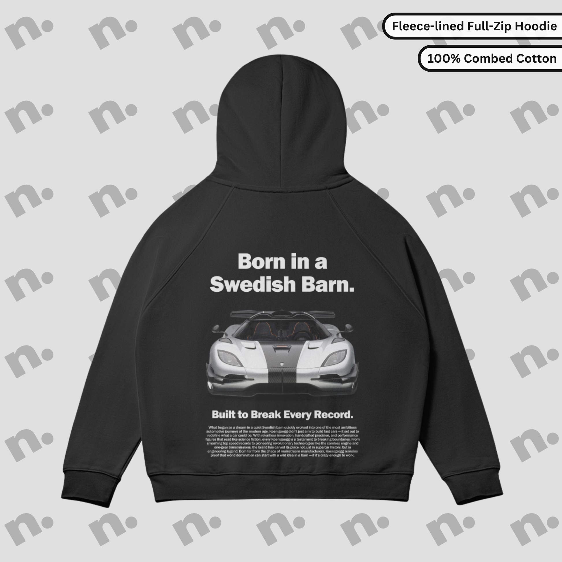 Fleece-lined full-zip hoodie with Koenigsegg One poster design — performance-inspired style with everyday comfort