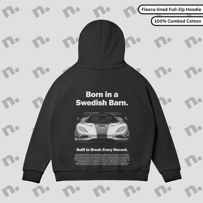 Fleece-lined full-zip hoodie with Koenigsegg One poster design — performance-inspired style with everyday comfort