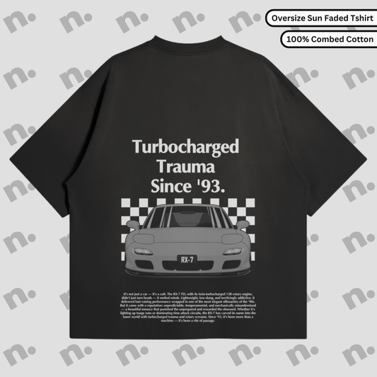 Turbocharged Trauma Since ’93 RX-7 oversized premium t-shirt – bold streetwear graphic for JDM fans, made from soft heavyweight cotton.

